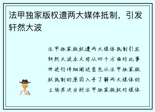 法甲独家版权遭两大媒体抵制，引发轩然大波
