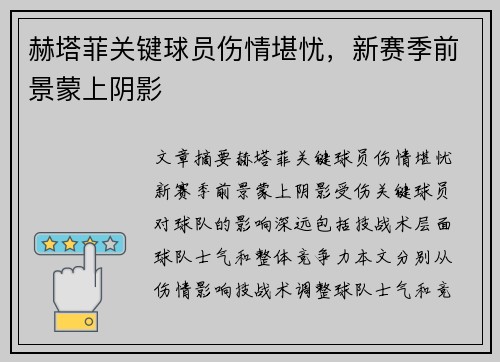 赫塔菲关键球员伤情堪忧，新赛季前景蒙上阴影
